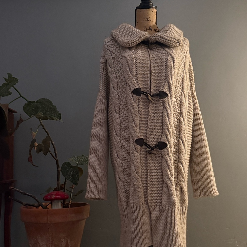 Long Cable-Knit Toggle Cardigan in Beige